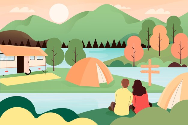 Free vector camping with a caravan illustration