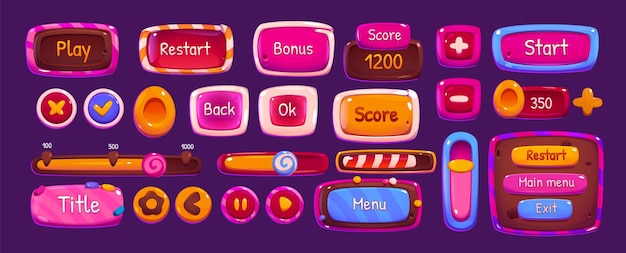 Candy ui game app interface and button frame glossy icon set Pink jelly and lollipop play design with loading close window panel slider arrow and circle beautiful fantasy cute item collection