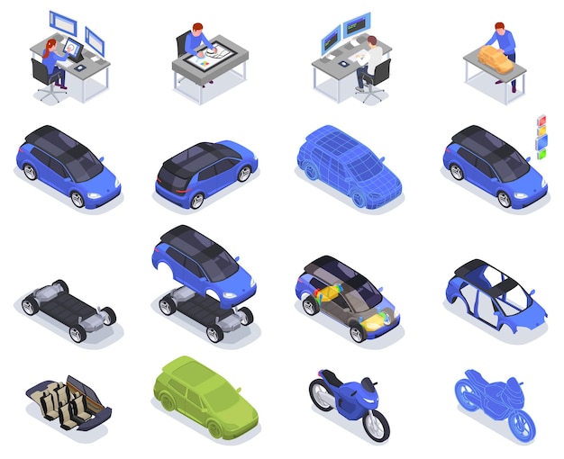 Free Vector car designer profession isometric icons set isolated vector illustration