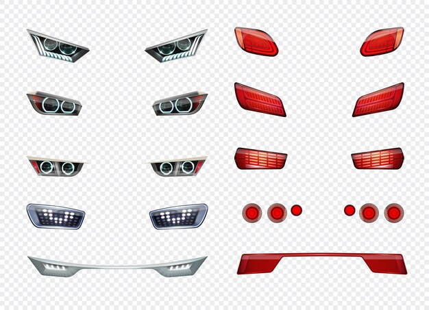 Car headlights realistic transparent icon set different type style and color of headlights illustration