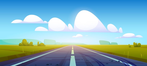 Free vector car road in fields with green grass and forest on horizon. vector cartoon illustration of summer countryside landscape with meadows, clouds in blue sky and highway with tire tracks on asphalt