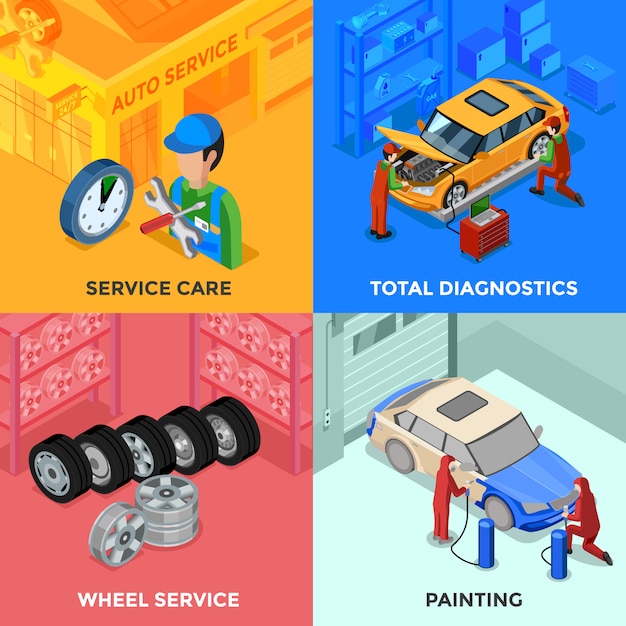 Free Vector car service isometric card set