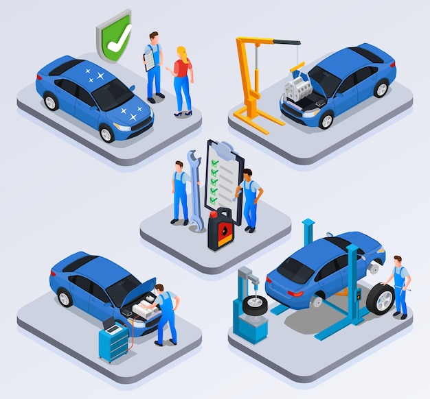 Free Vector car service isometric compositions with workshop staff performing diagnostics maintenance wheel balancing isolated vector illustration