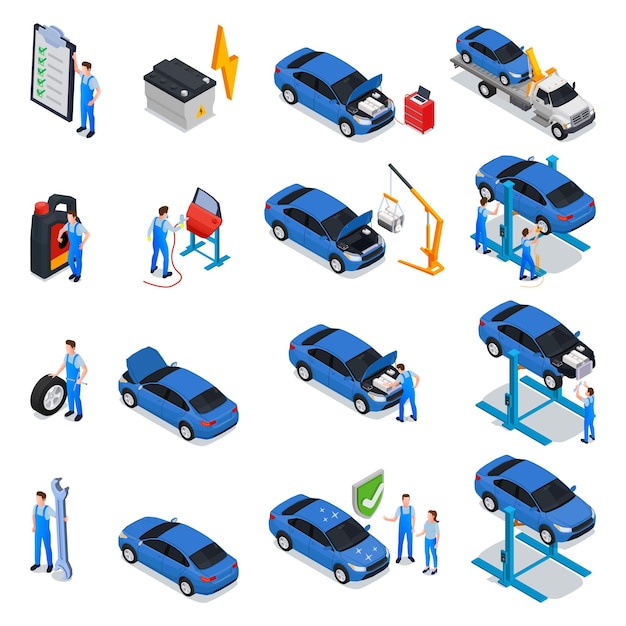 Free Vector car service isometric set of workers providing inspection maintenance repair tire service in workshop isolated vector illustration