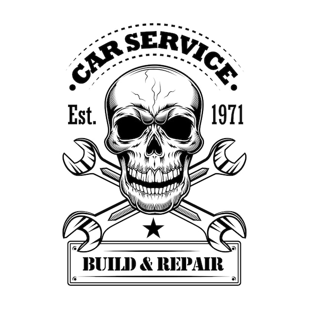 Free Vector car service vector illustration. monochrome skull, crossed spanners, build and repair text. car service or garage concept for emblems or labels templates