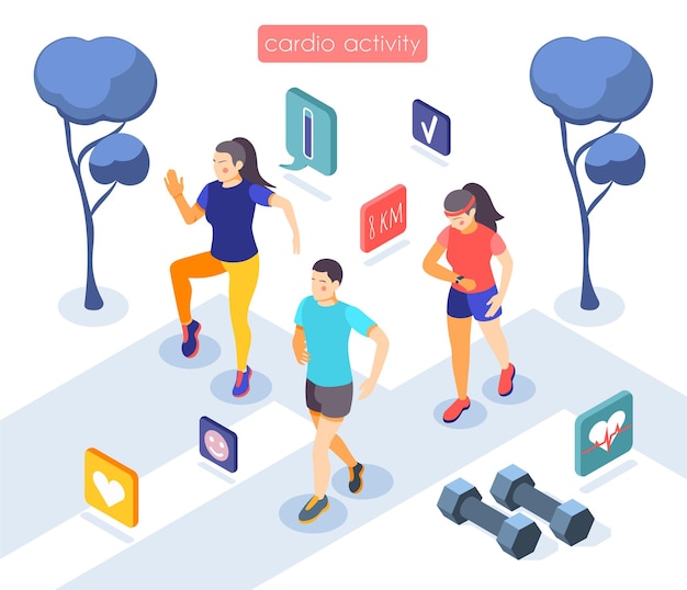 Cardio activity training session apps isometric illustration