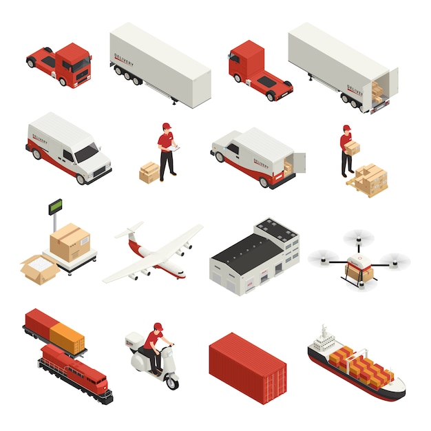 Free Vector cargo transportation isometric icons logistic delivery by various vehicles and drone technology 