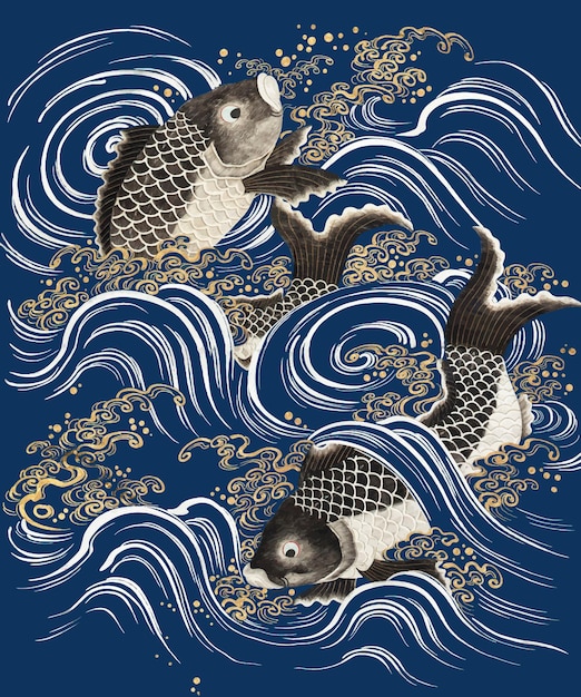 Free vector carp fish in waves vector blue background, featuring public domain artworks