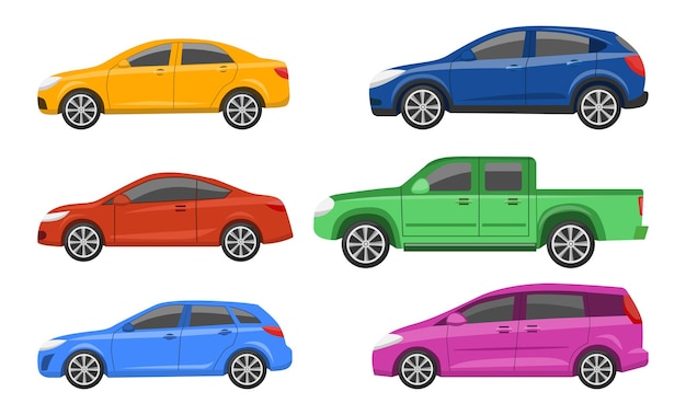 Free Vector cars of different types and colors vector illustrations set. car designs, side view of hatchback, sedan, coupe, suv, pickup truck isolated on white background. transport, transportation concept