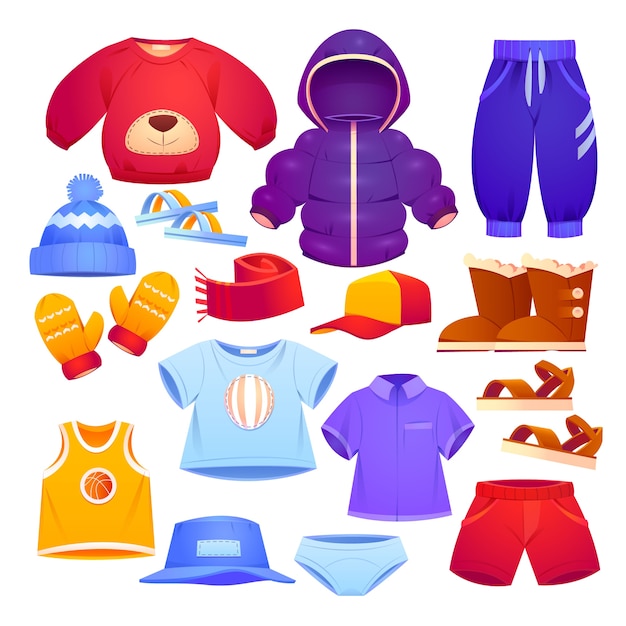 Free vector cartoon autumn and winter kids clothing collection