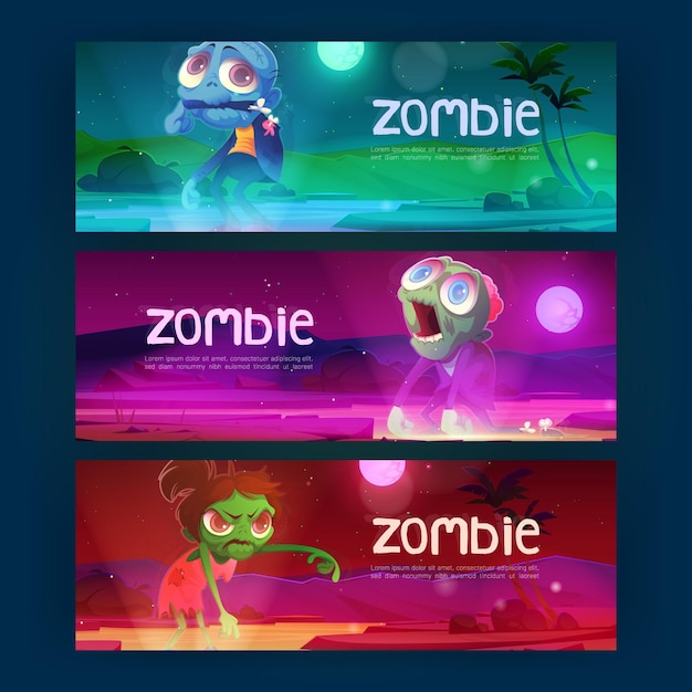 Free vector cartoon banners with funny zombie characters walking at night halloween party invitations with funny male and female dead personages cute and angry monsters wear torn clothes vector illustration
