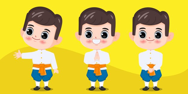 Cartoon character of traditional Thai boy in namaste poses Cartoon vector illustration drawing