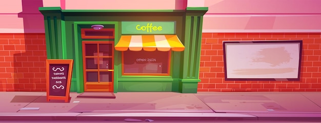 Cartoon city cafe with green retro facade