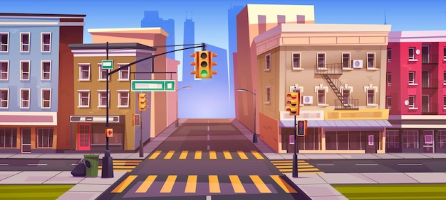 Free vector cartoon city street intersection with traffic lights and road signs cross and sidewalks multistorey buildings with shop and cafe vector illustration of empty urban landscape with highway corner