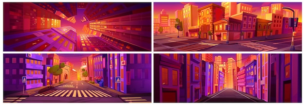 Free vector cartoon city sunset vibrant game background set