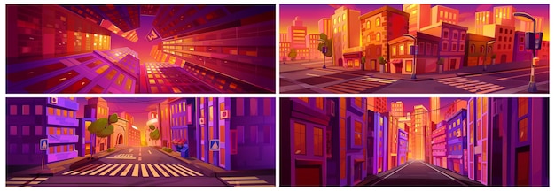 Cartoon city sunset vibrant game background set