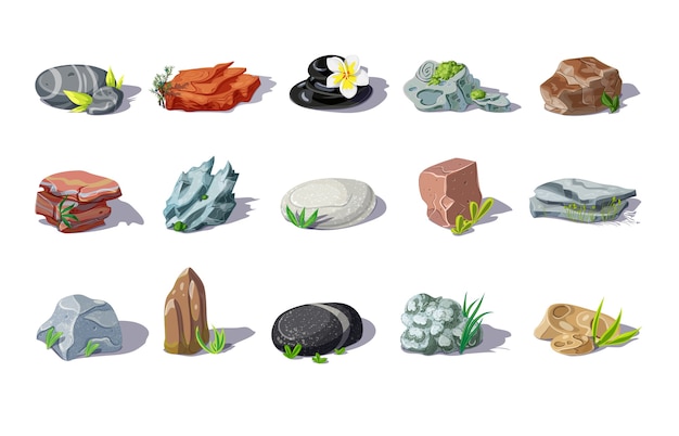 Free vector cartoon colorful stones set of different shapes and materials with plants and leaves isolated