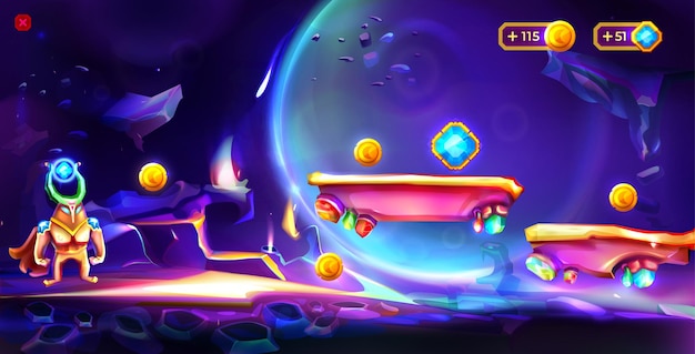 Cartoon cosmic game with platforms astronaut and crystal bonus