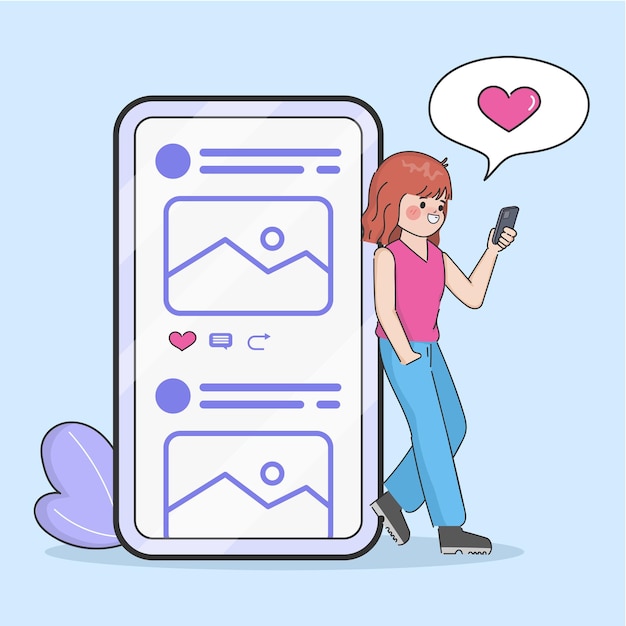 Free vector cartoon doddle cute woman using a mobile phone comment and liked the pose on social media