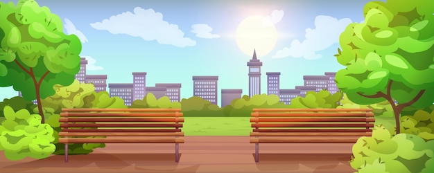 Free Vector cartoon empty city park with wooden bench and lanterns