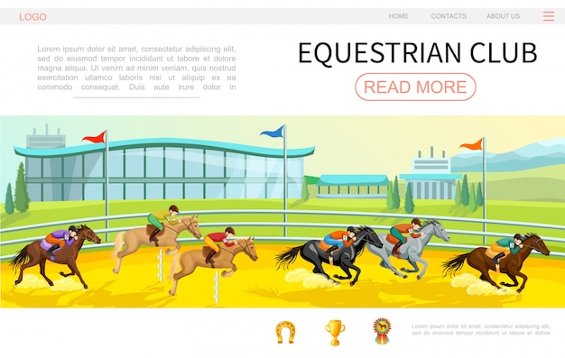 Cartoon equestrian competition web page template with jockeys riding horses on stadium horseshoe cup medal icons