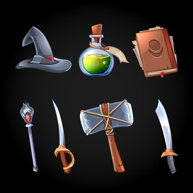 Cartoon fantasy magic and weapons icons set for computer game. Sword and staff, witchcraft and bottle poison, hat and hammer, gaming object for app.