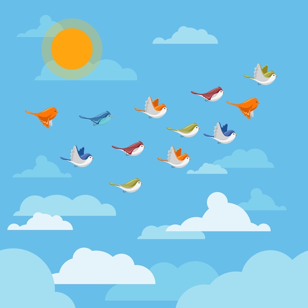 Free Vector cartoon flying birds in the sky with clouds and sun  illustration.