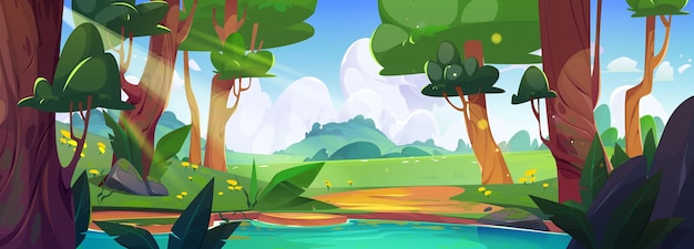 Cartoon forest landscape with lake between trees Vector illustration of beautiful natural background summer valley with green grass and colorful flowers footpath and stones near water sunny sky