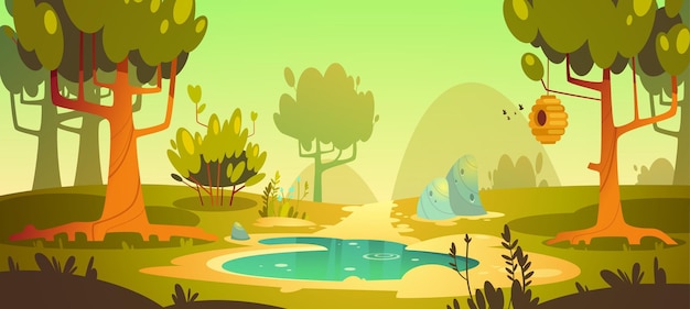 Free vector cartoon forest with swamp and trail