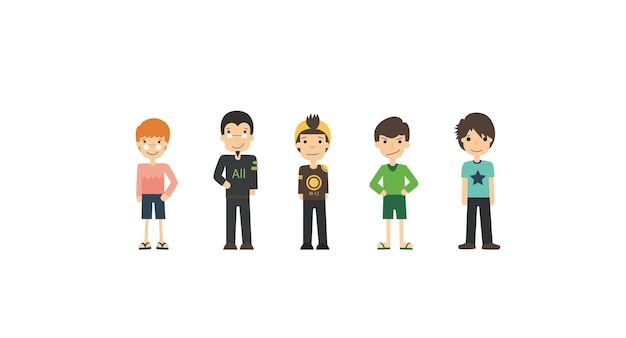 Free Vector a cartoon of a group of boys in different outfits.