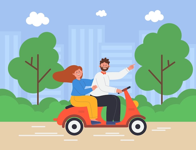 Free Vector cartoon happy man and woman riding motorbike in summer on forest background. moped vehicle with young male and female characters on road flat vector illustration. romance trip, holiday concept