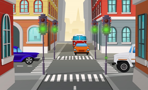 Free vector cartoon illustration city crossroad with green traffic lights and cars, intersection of roads