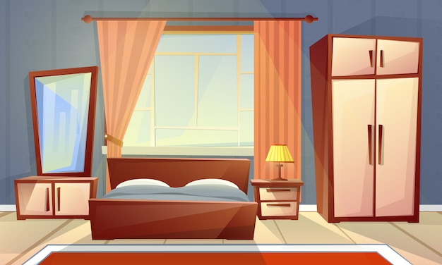 cartoon interior of cozy bedroom with window, living room with double bed, dresser, carpet