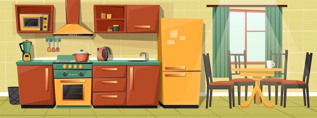 Free vector cartoon interior of family kitchen counter with appliances, furniture.