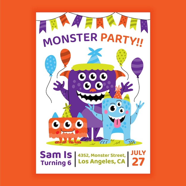 Cartoon monster birthday invitation template