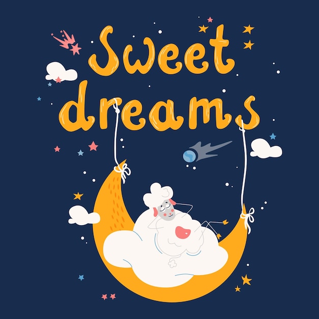 Free Vector cartoon moon flat cartoon postcard with sleepy sheep vector illustration