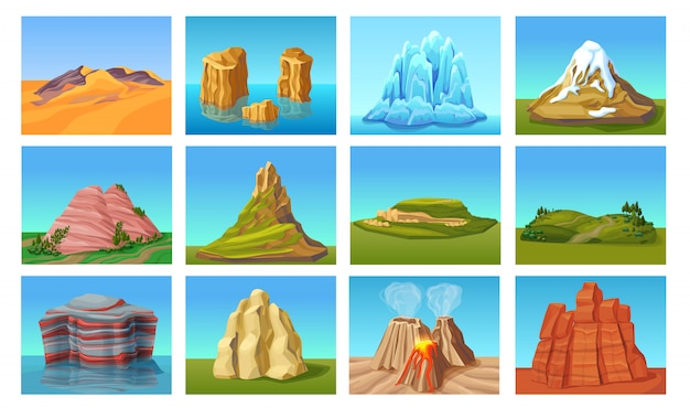 Free vector cartoon mountain landscapes set