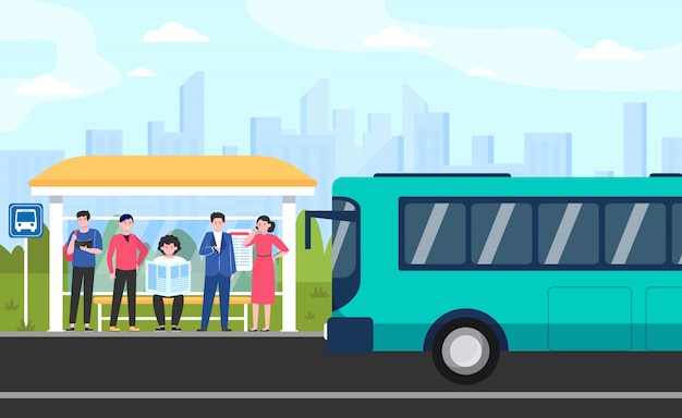 Free Vector cartoon passengers standing at bus stop