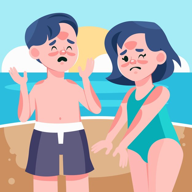 Cartoon people at the beach with a sunburn