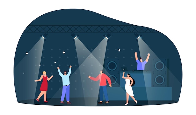 Free Vector cartoon people dancing at disco in night club. nightclub scene, dj at dance party flat vector illustration. party, music, entertainment concept for banner, website design or landing web page