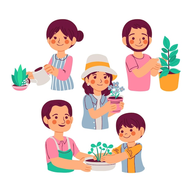 Free vector cartoon people taking care of plants