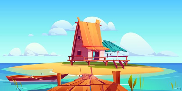 Cartoon scene with small house on island in ocean