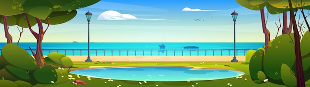 Cartoon sea or river landscape with city park