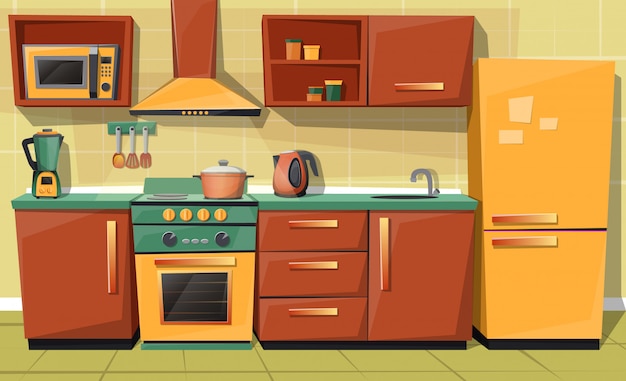 cartoon set of kitchen counter with appliances - fridge, microwave oven, kettle, blender