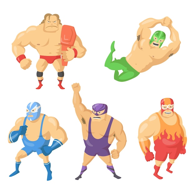 Free Vector cartoon set of mexican wrestler fighters in masks. illustration