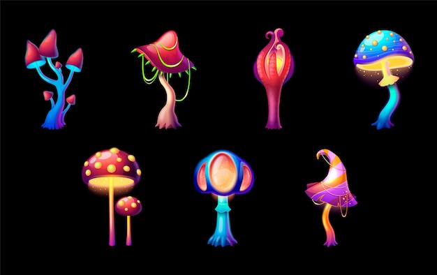 Free Vector cartoon set of various glowing magic mushrooms on black background isolated vector illustration