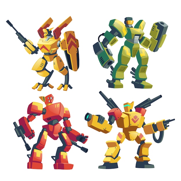 Free vector cartoon set with armed transformers, human soldiers in robotic combat exoskeletons