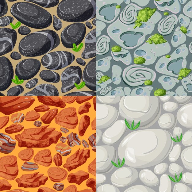 Cartoon stones seamless patterns set with plants and rocks of different shapes colors and materials