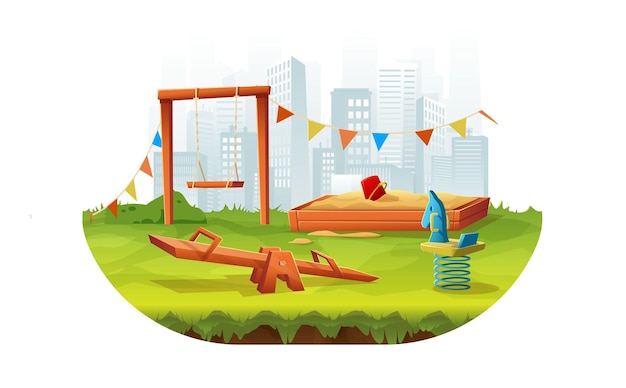 Free vector cartoon style illustarion of kids outdoor playground with swings, slides and sand pit.