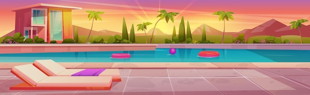 Free Vector cartoon swimming pool near villa at sunset